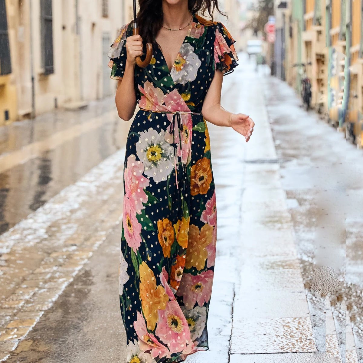 hope & ivy maxi dress Hope & Ivy The Marlene Frill Sleeve Maxi Wrap Dress