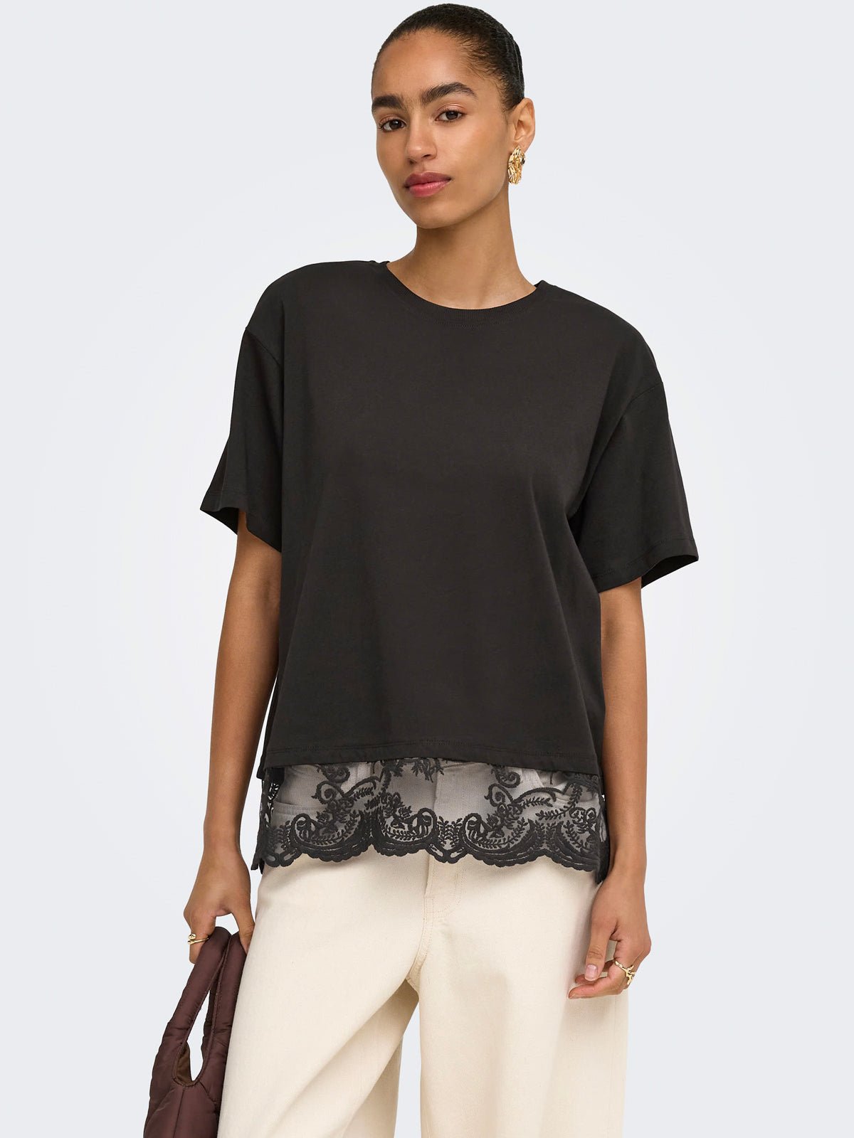 Lace Trim T-Shirt Chocolate - Glebe Fashion
