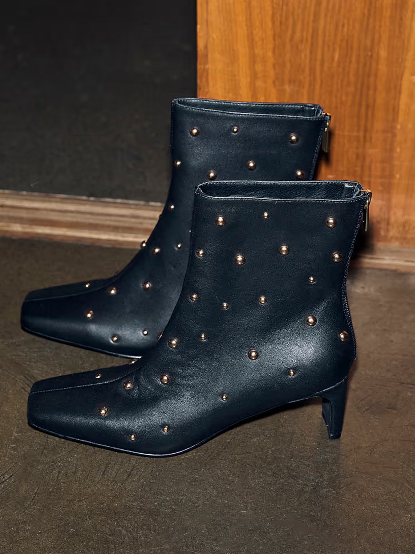 Never Fully Dressed Black Leather Boot With Gold Studs - Glebe Fashion