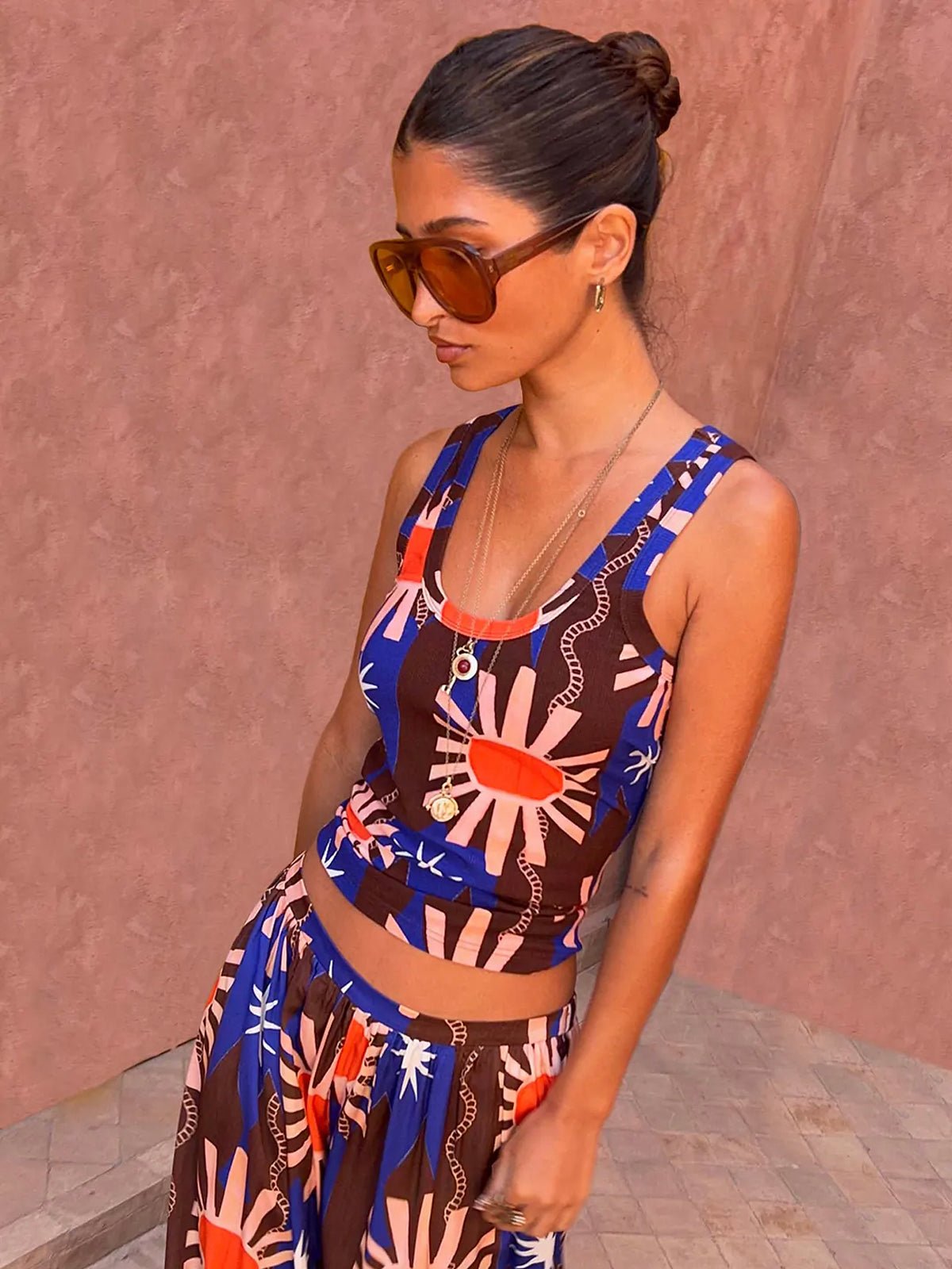 Never Fully Dressed Chocolate And Blue Sun Ribbed Tank Top - Glebe Fashion