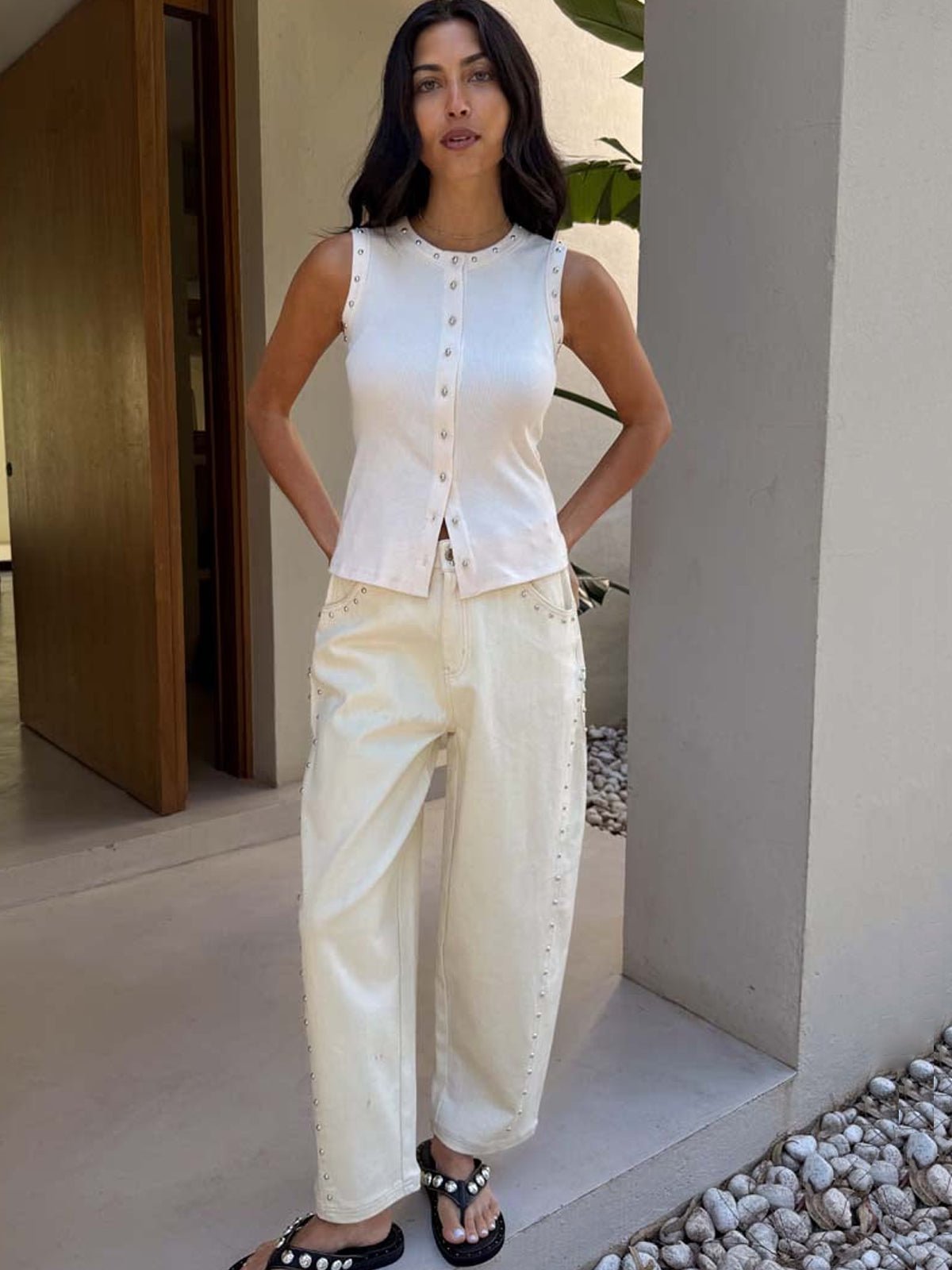 Never Fully Dressed Ecru Studded Button Tank - Glebe Fashion