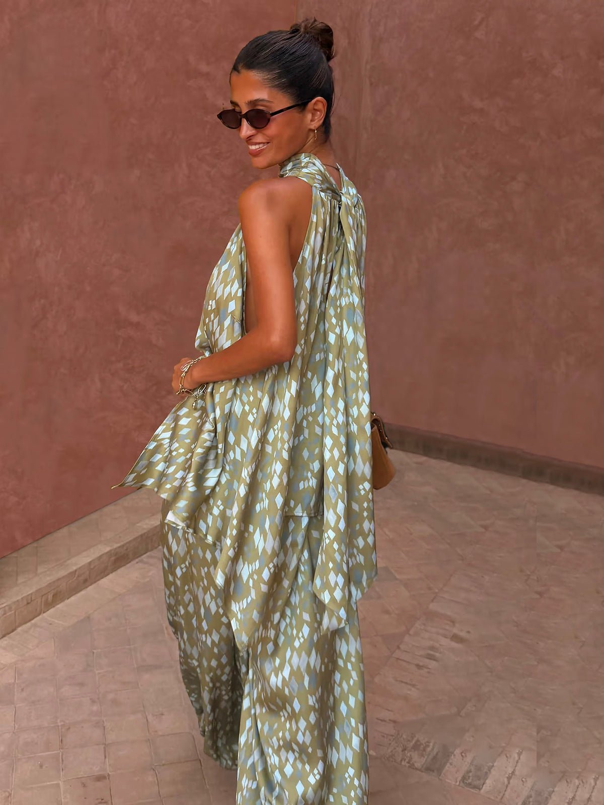 Never Fully Dressed Green Diamond Print Halter Top - Glebe Fashion
