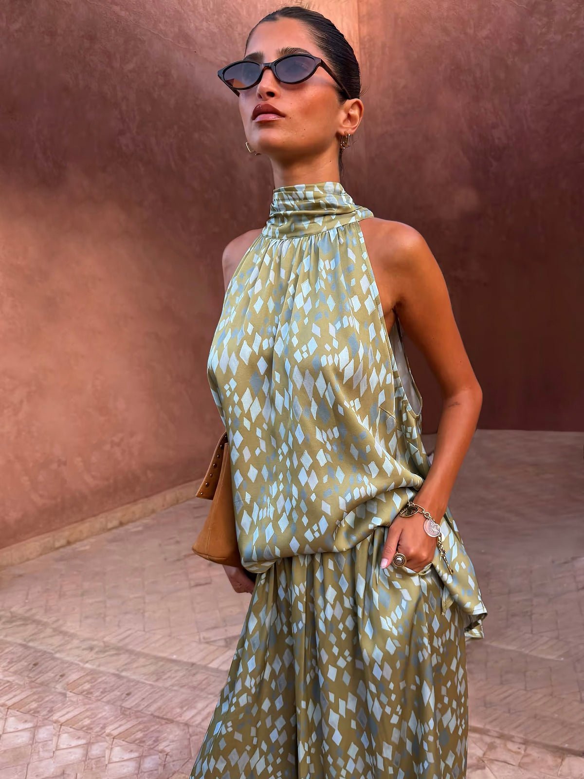 Never Fully Dressed Green Diamond Print Halter Top - Glebe Fashion