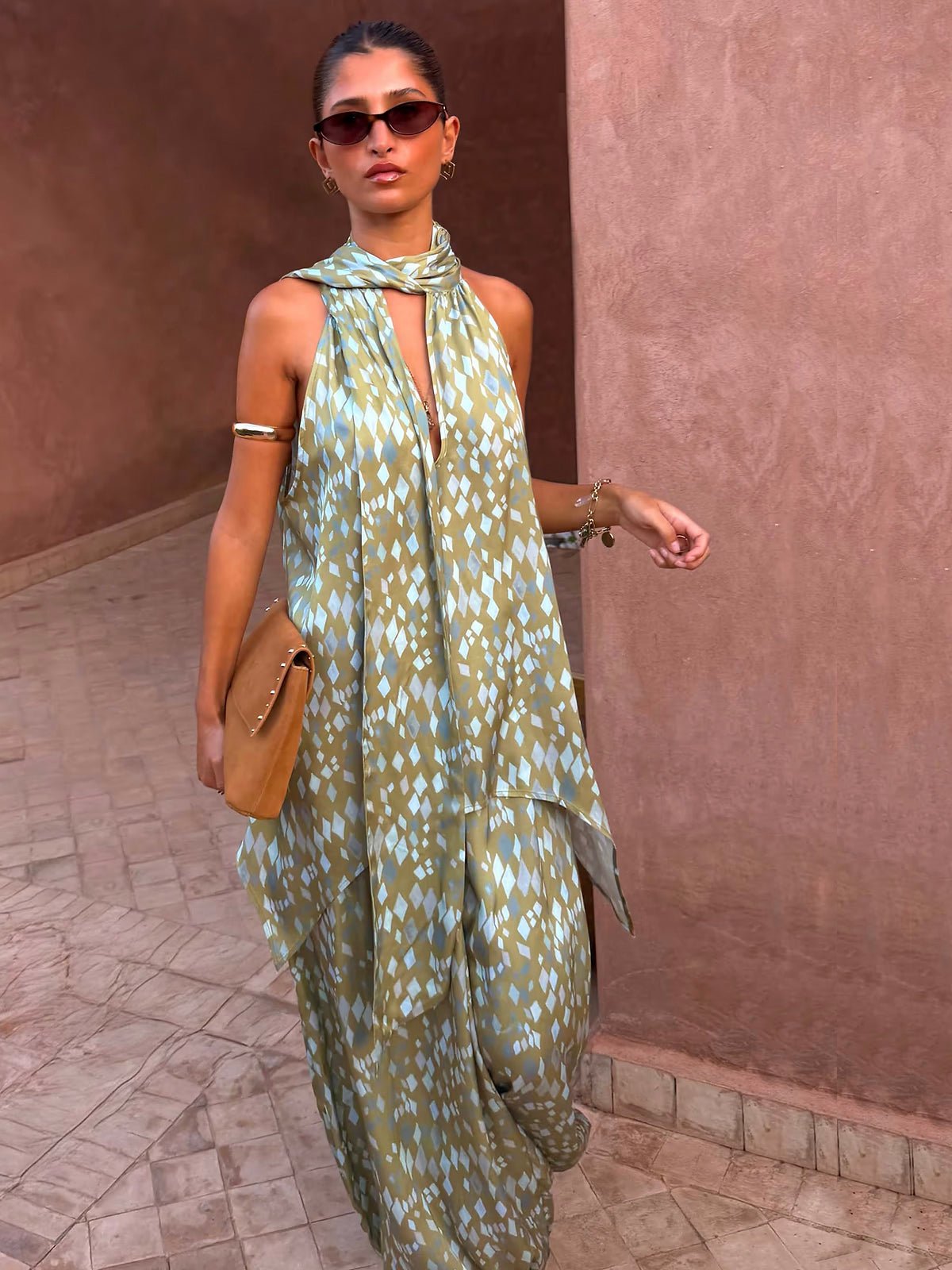 Never Fully Dressed Green Diamond Print Halter Top - Glebe Fashion