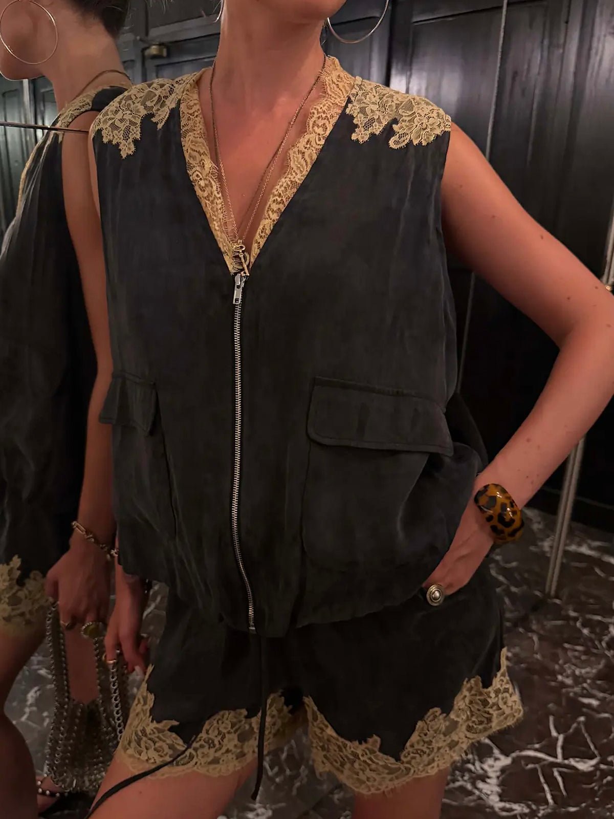 Never Fully Dressed Grey Lace Bubble Zip Vest - Glebe Fashion