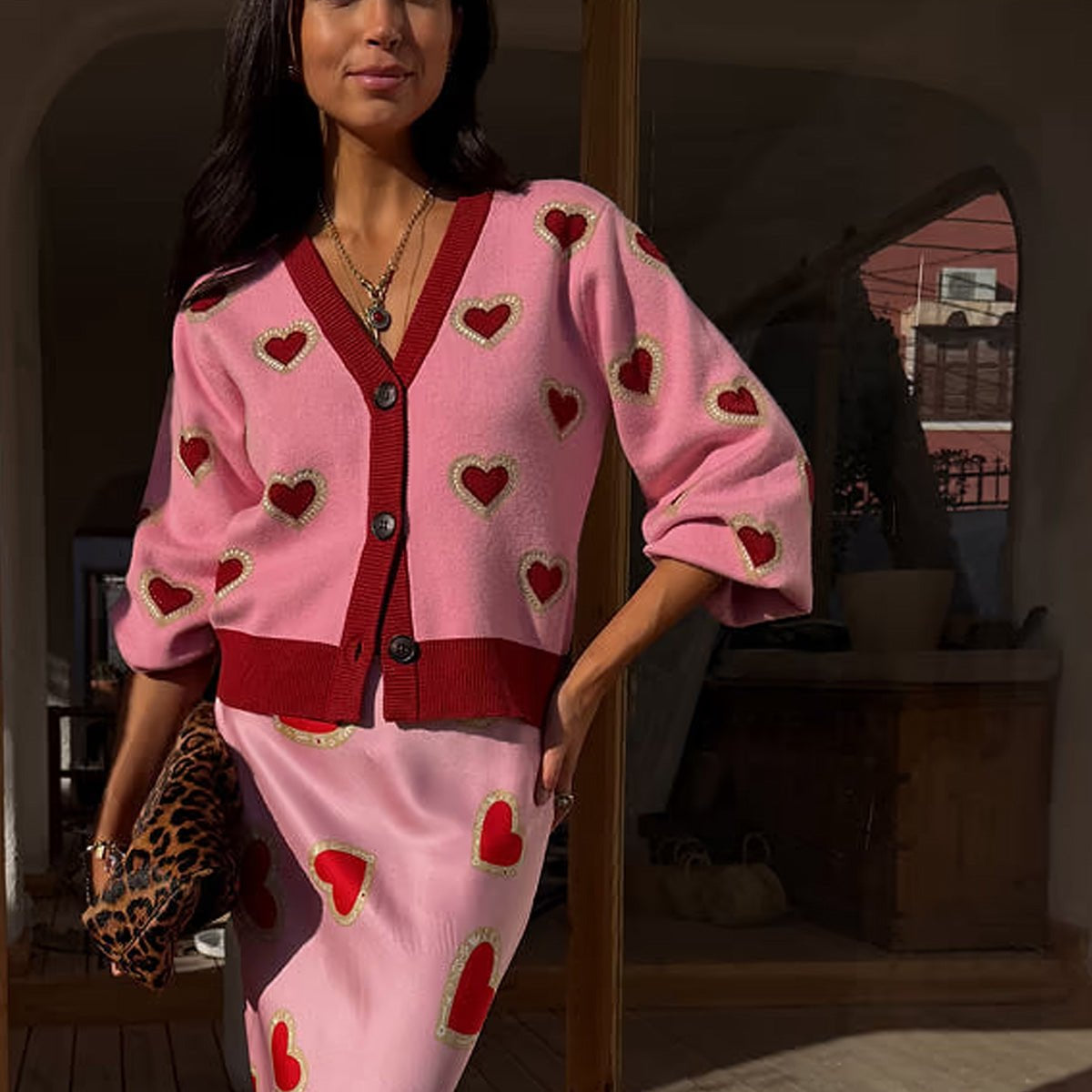 strapless open back dress Never Fully Dressed Pink Hearts Cardigan