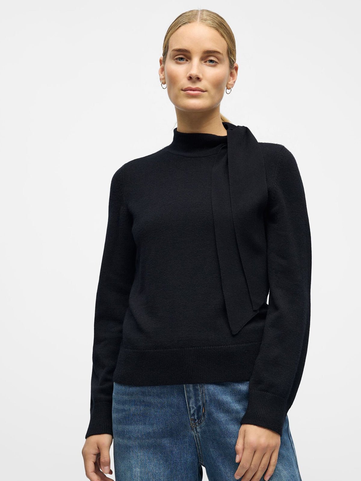 Object Neck Tie Knit Pullover Black - Glebe Fashion