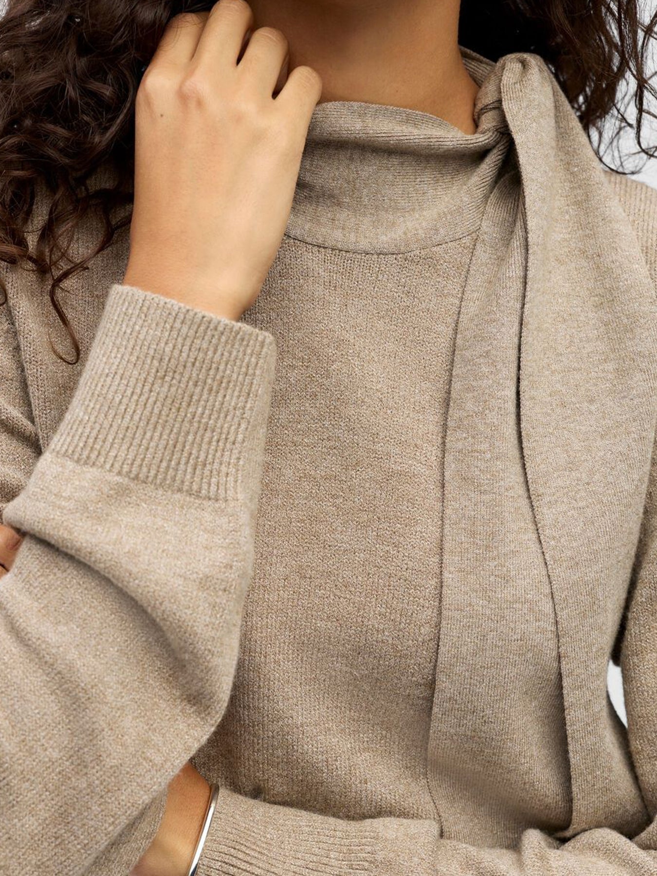 Object Neck Tie Knit Pullover Dessert Taupe - Glebe Fashion