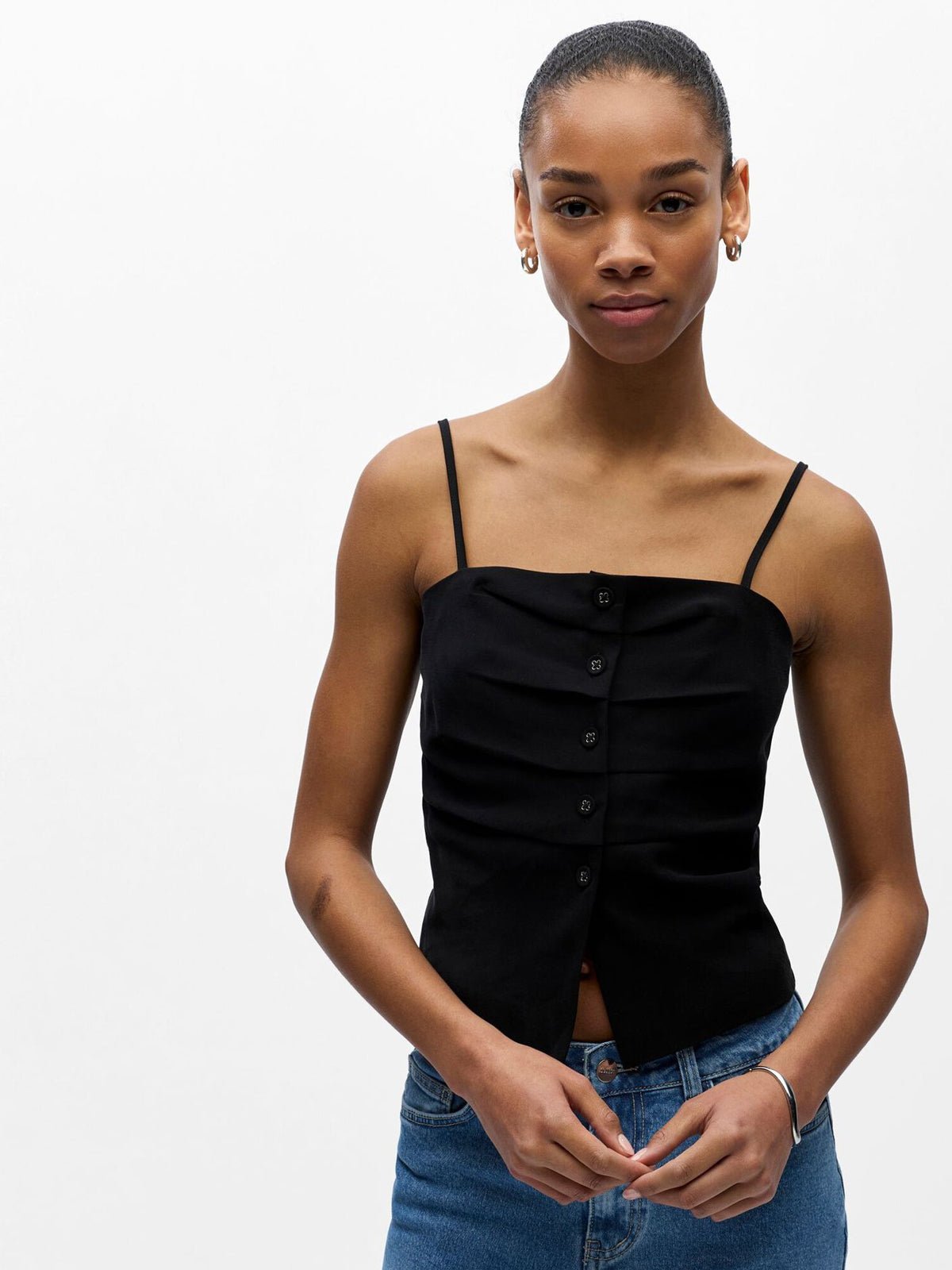 Object Strappy Ruched Top Black - Glebe Fashion