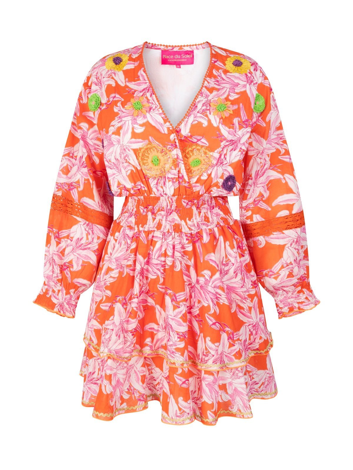 Place Du Soleil Orange White Lillies Short Dress - Glebe Fashion