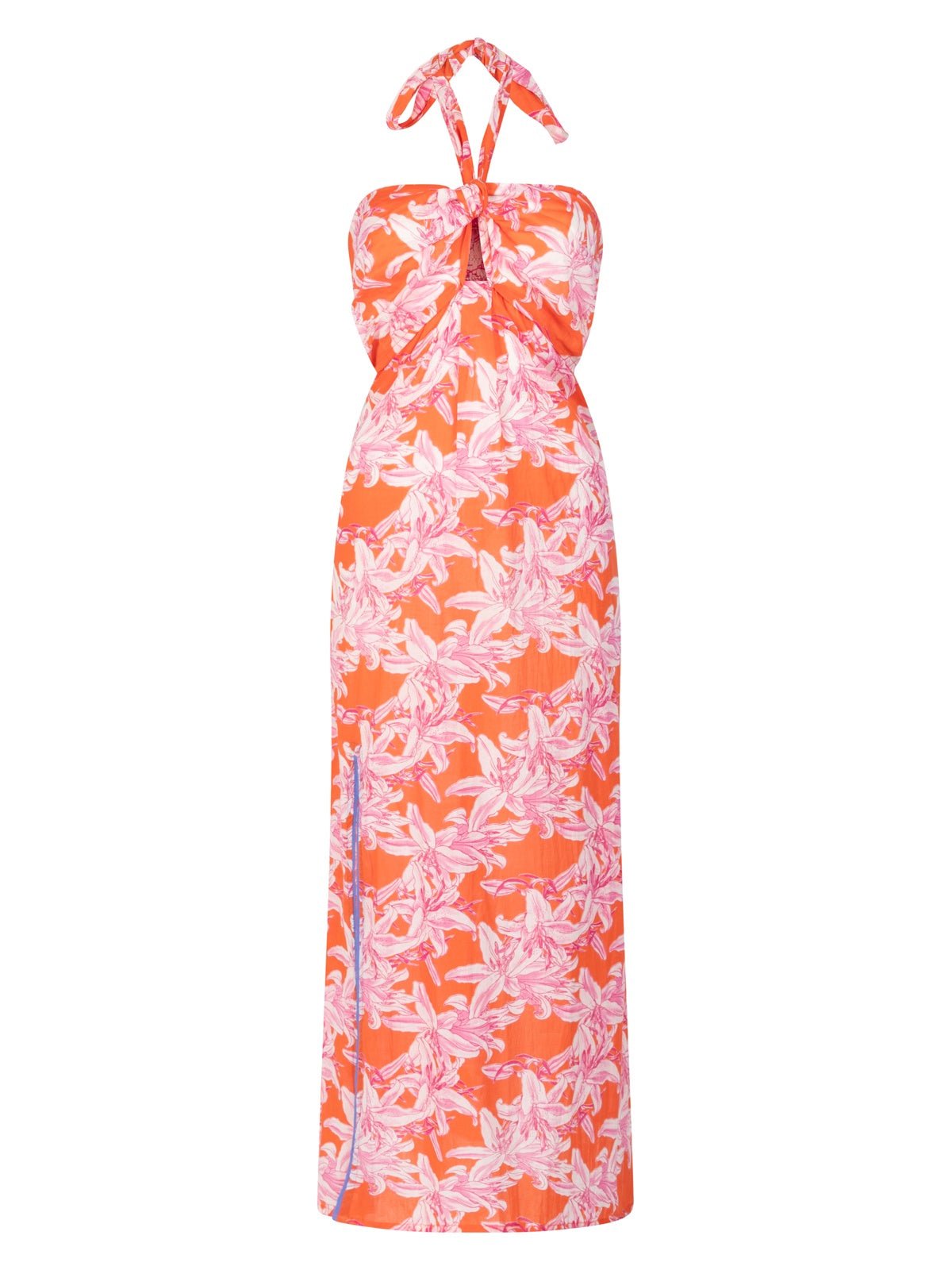 Place Du Soleil Orange White Lillies Tie Neck Dress - Glebe Fashion