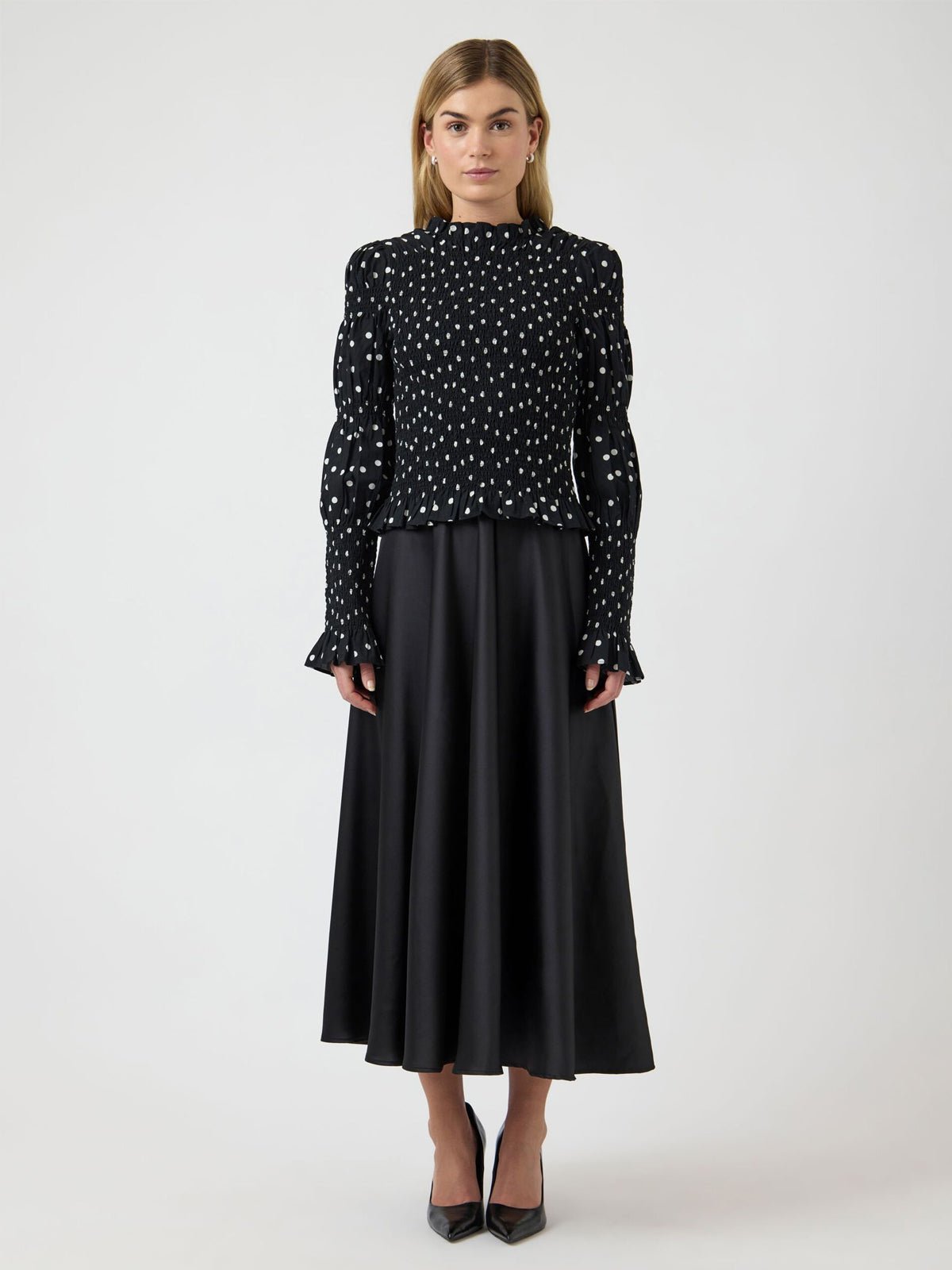 Polka Dot Shirred Blouse Black - Glebe Fashion