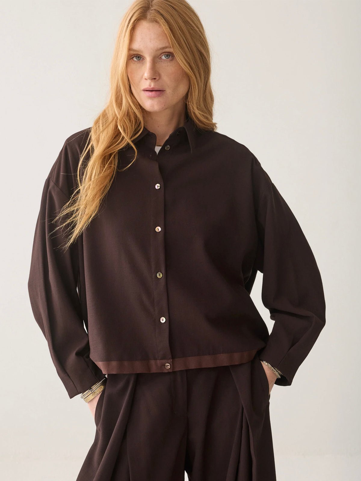 Summum Blouse With A Drawstring Dark Chocolate - Glebe Fashion