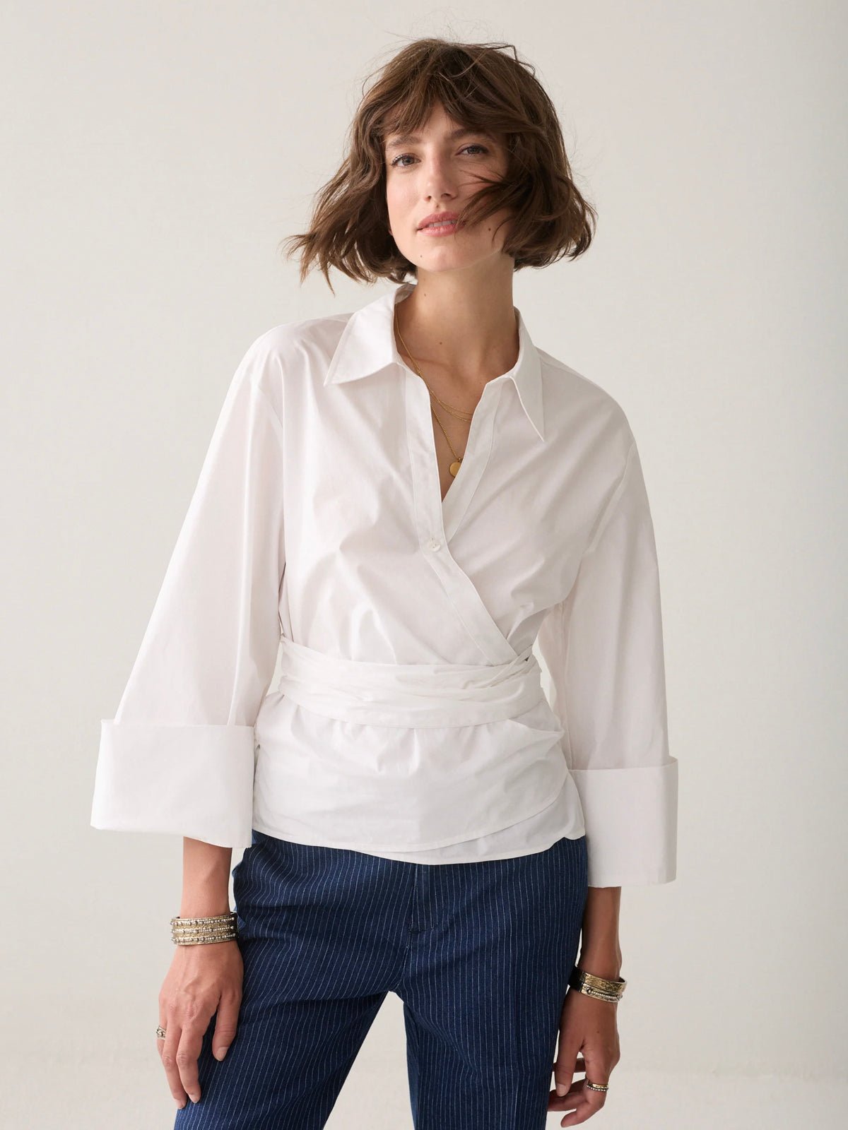 Summum Wrap Blouse In Crispy Poplin White - Glebe Fashion