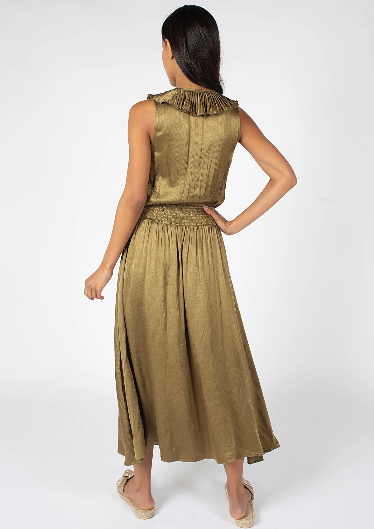 Traffic People Breathless Edith Frills Dress Olive - Glebe Fashion