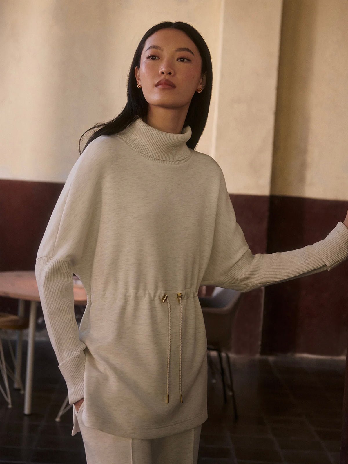 Varley Ethel Cinch Waist Sweat Ivory Marl - Glebe Fashion