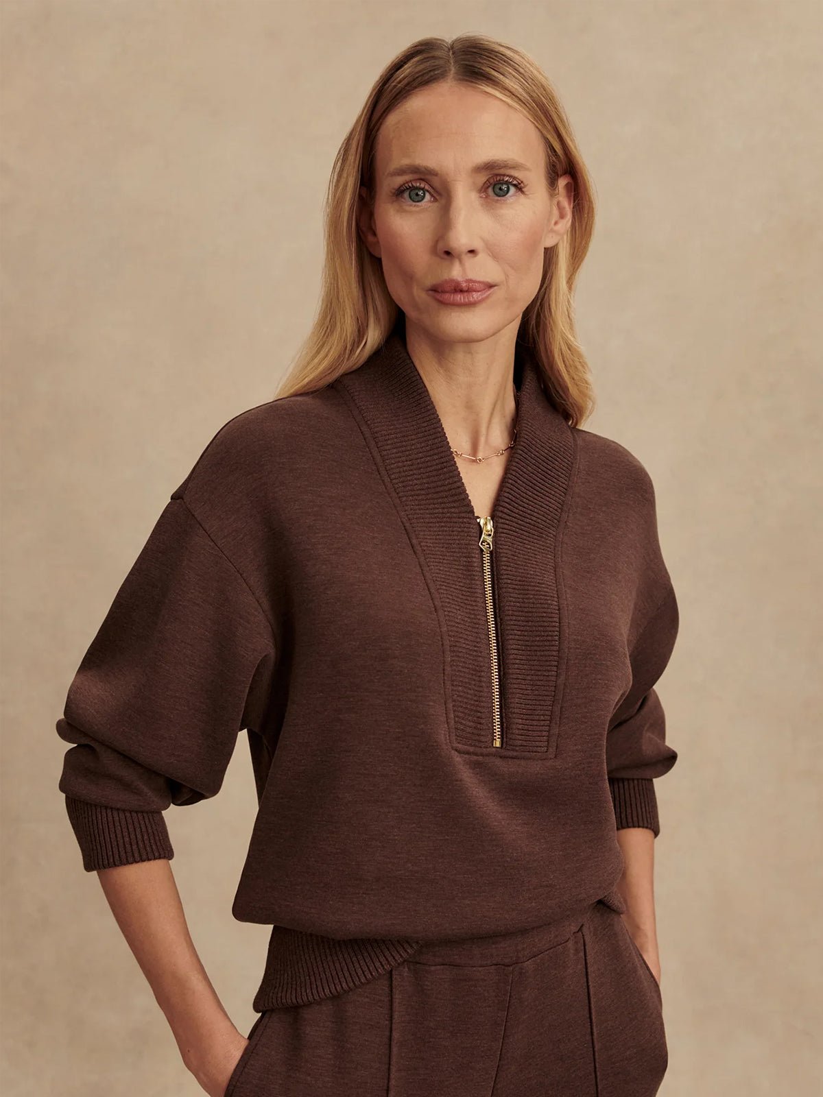 Varley Sally Half Zip Sweat Coffee Bean Marl - Glebe Fashion