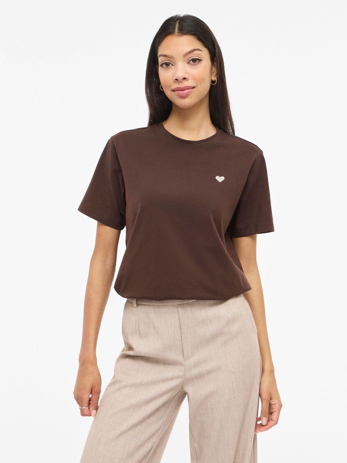 Vila Embroidered Heart Tee Coffee Bean - Glebe Fashion
