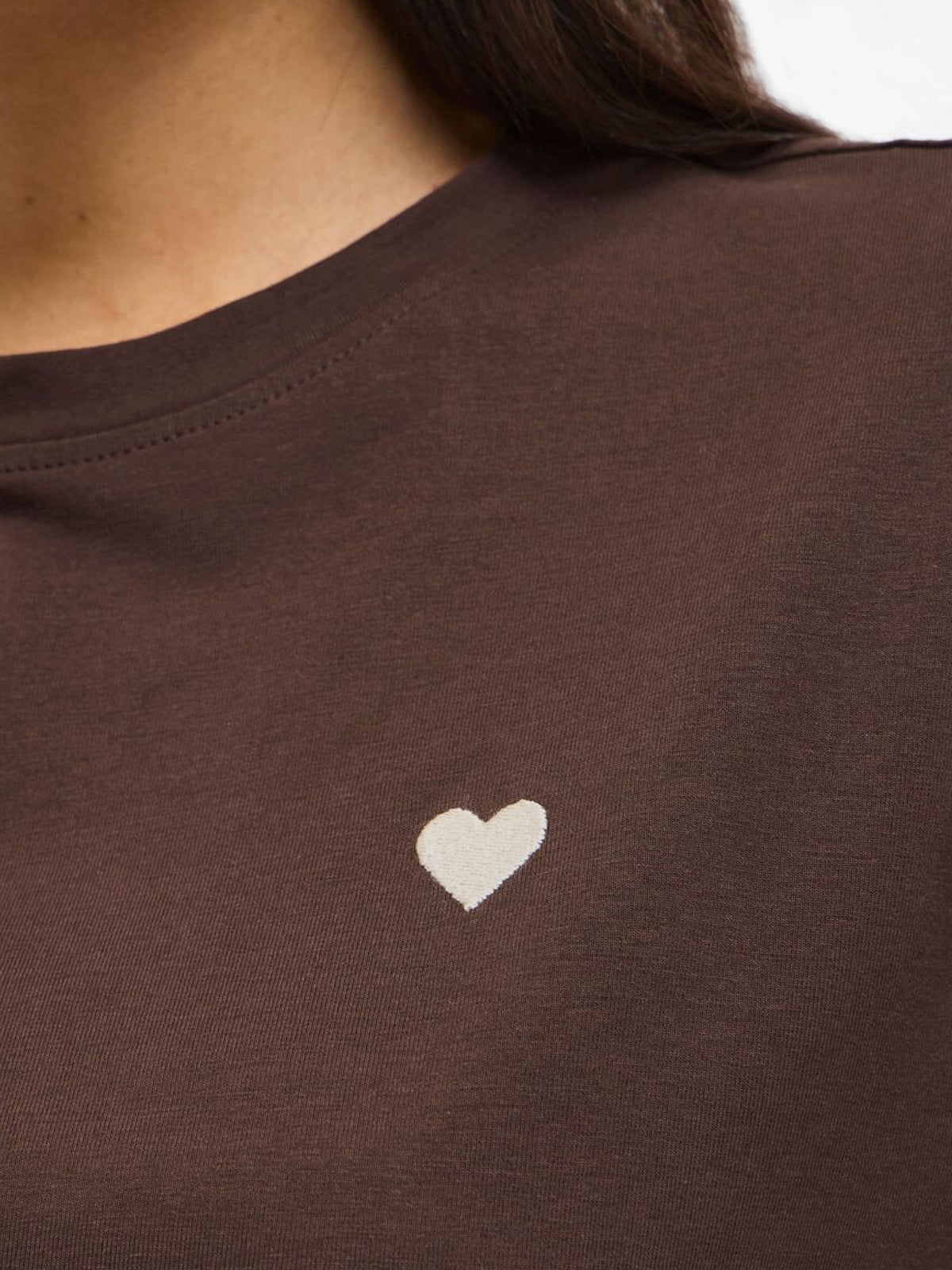 Vila Embroidered Heart Tee Coffee Bean - Glebe Fashion