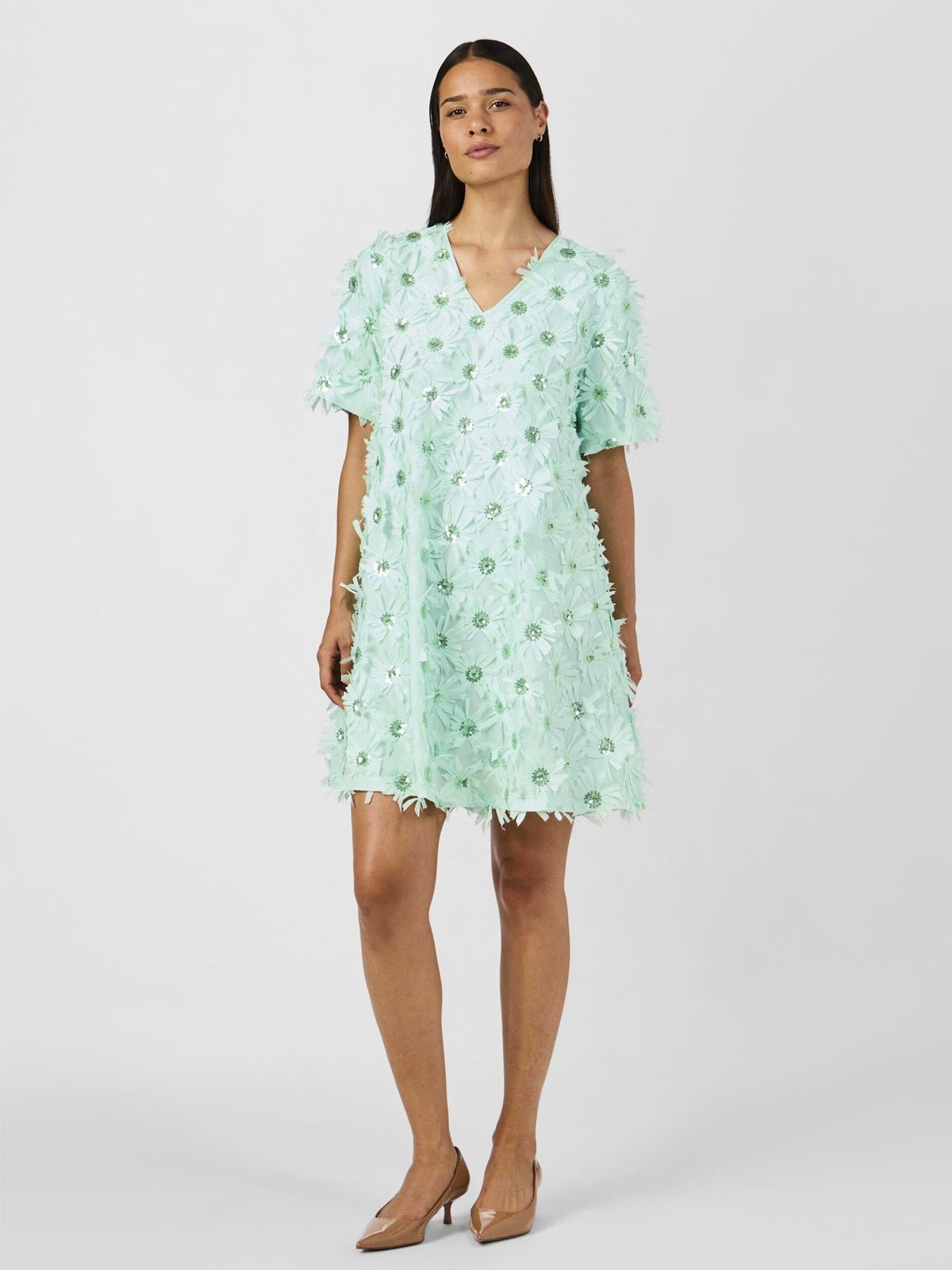 YAS Abelone V-Neck Mini Dress Mist Green - Glebe Fashion