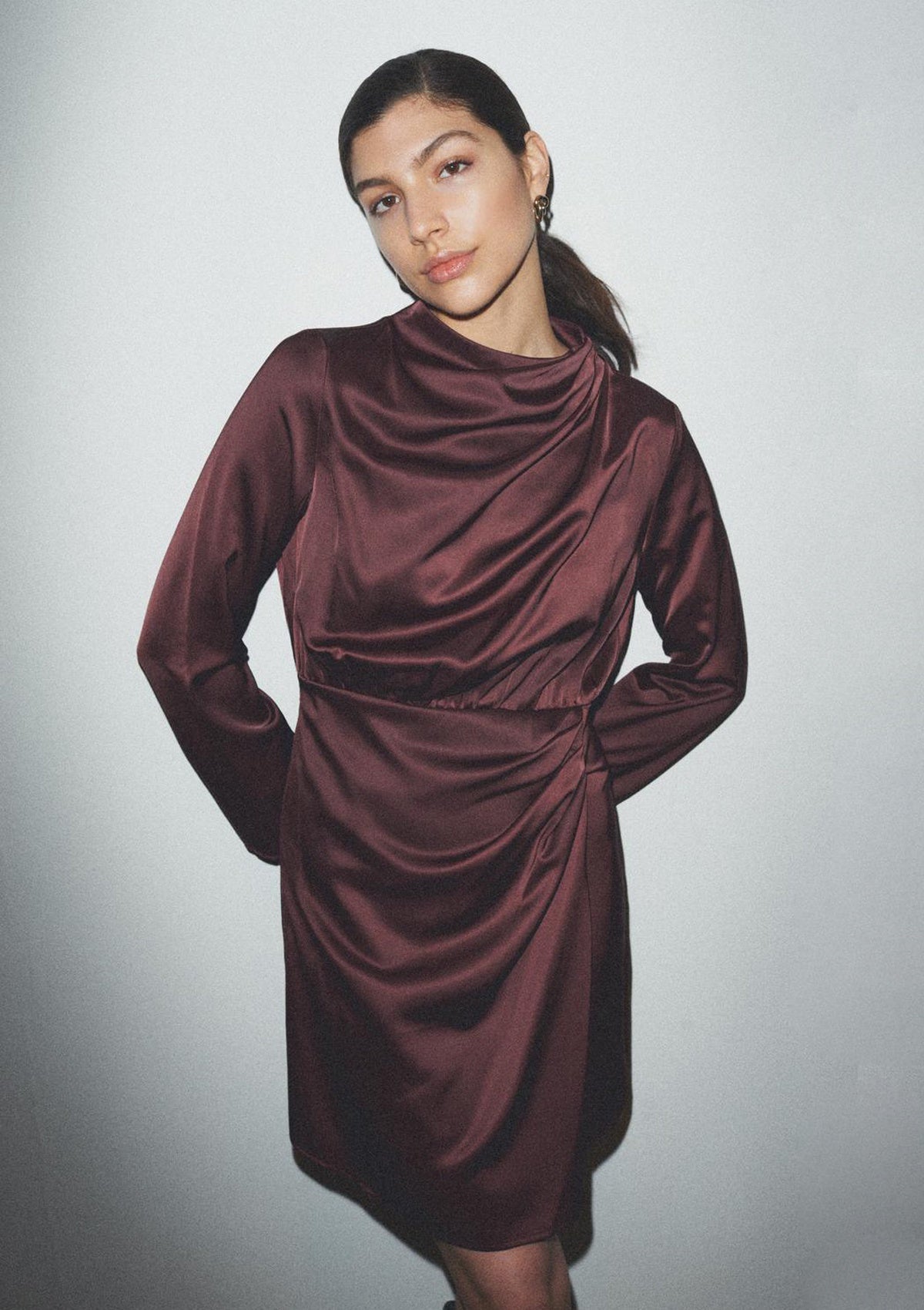 YAS Short Satin Drape Dress Chocolate - Glebe Fashion