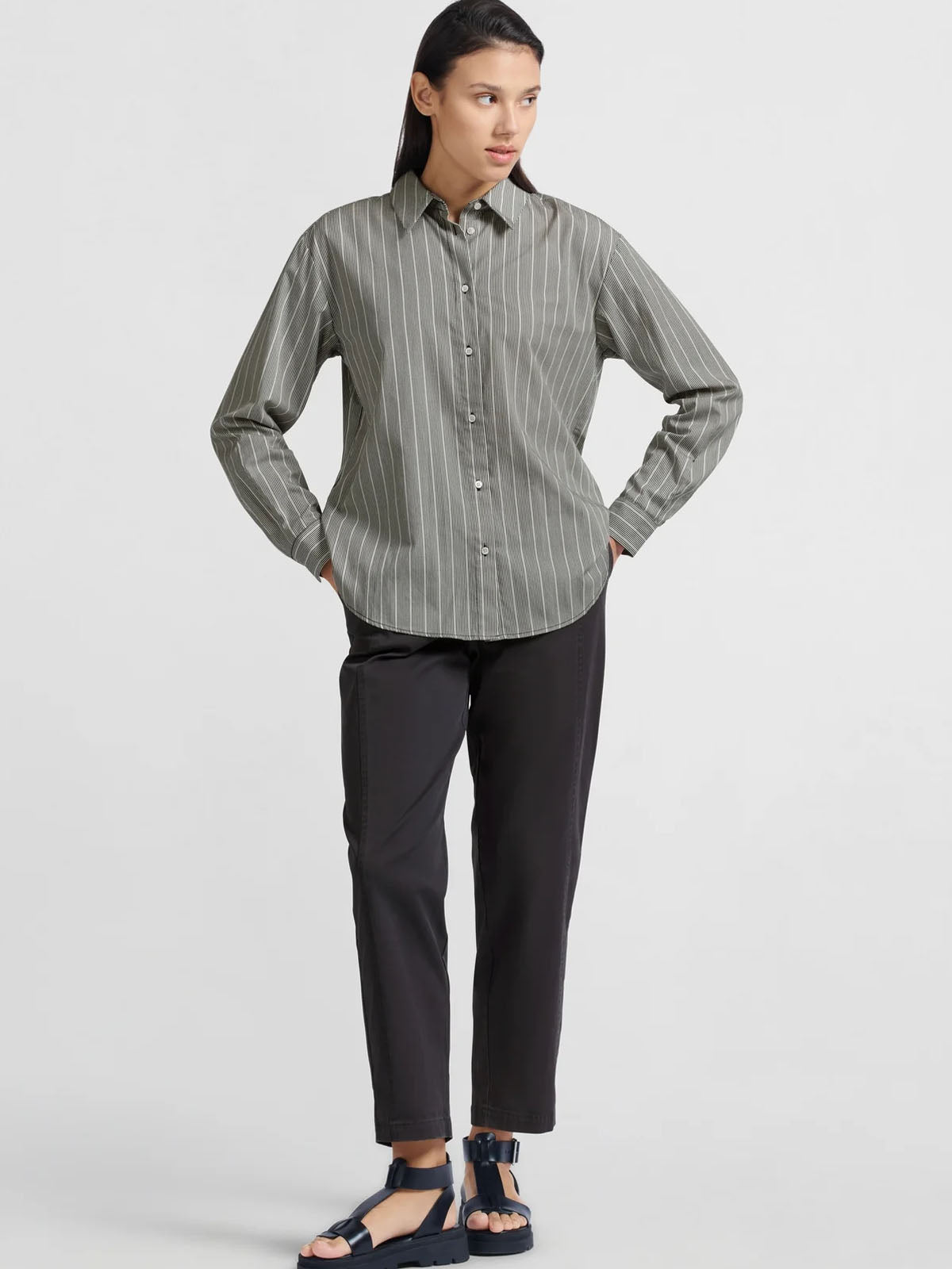 Yaya Bow Back Stripe Shirt Phantom - Glebe Fashion