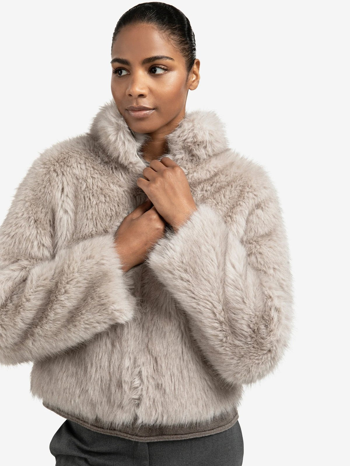 YAYA Faux Fur Jacket With Stand Up Collar Light Grey - Glebe Fashion