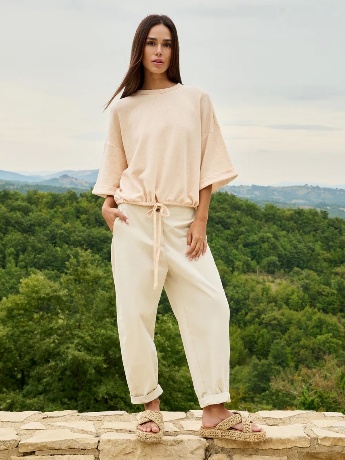 YAYA High Waist Barrel Trousers Warm Sand - Glebe Fashion