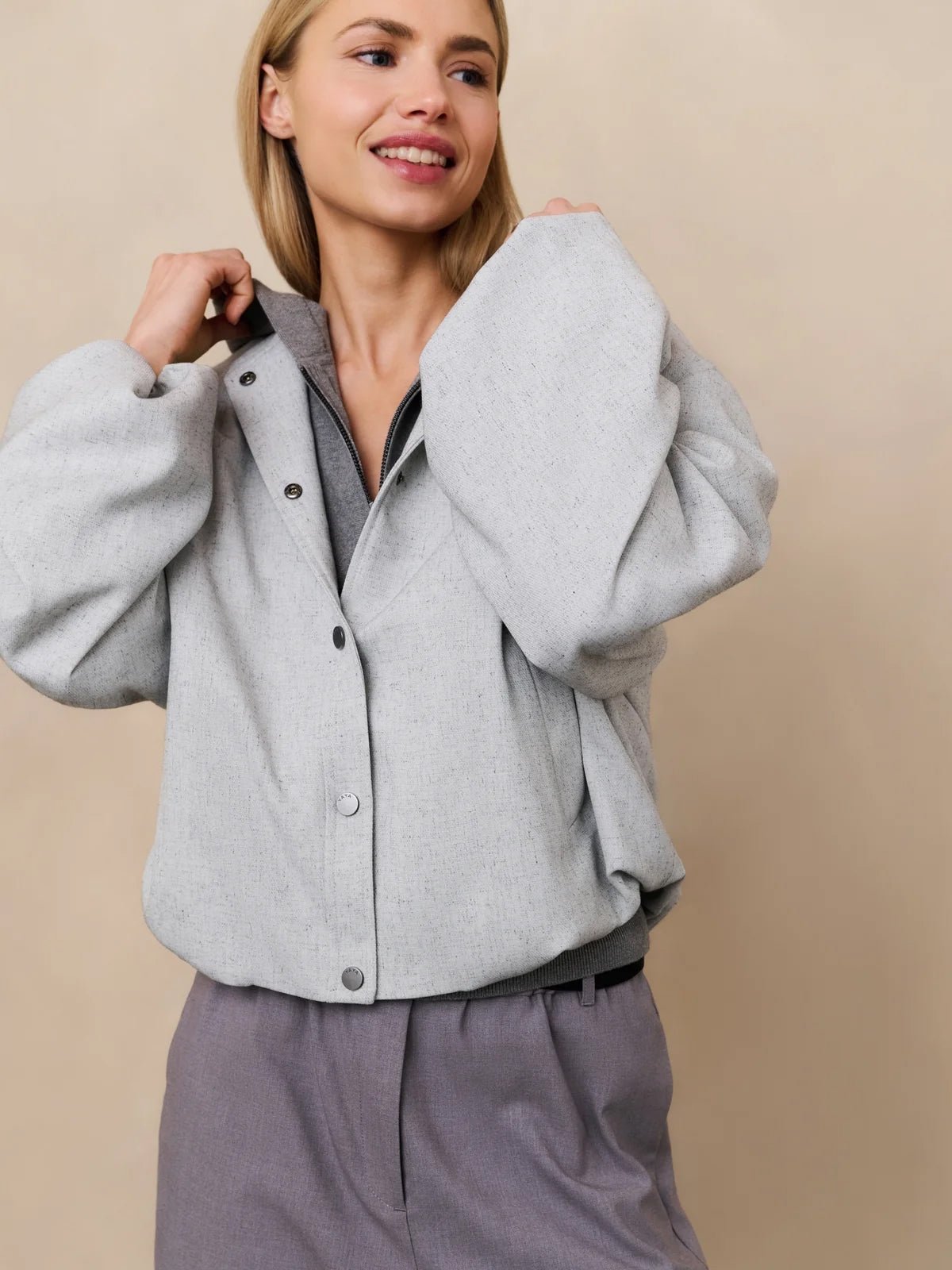 YAYA Jacket With Balloon Shape And Snap Buttons Grey - Glebe Fashion