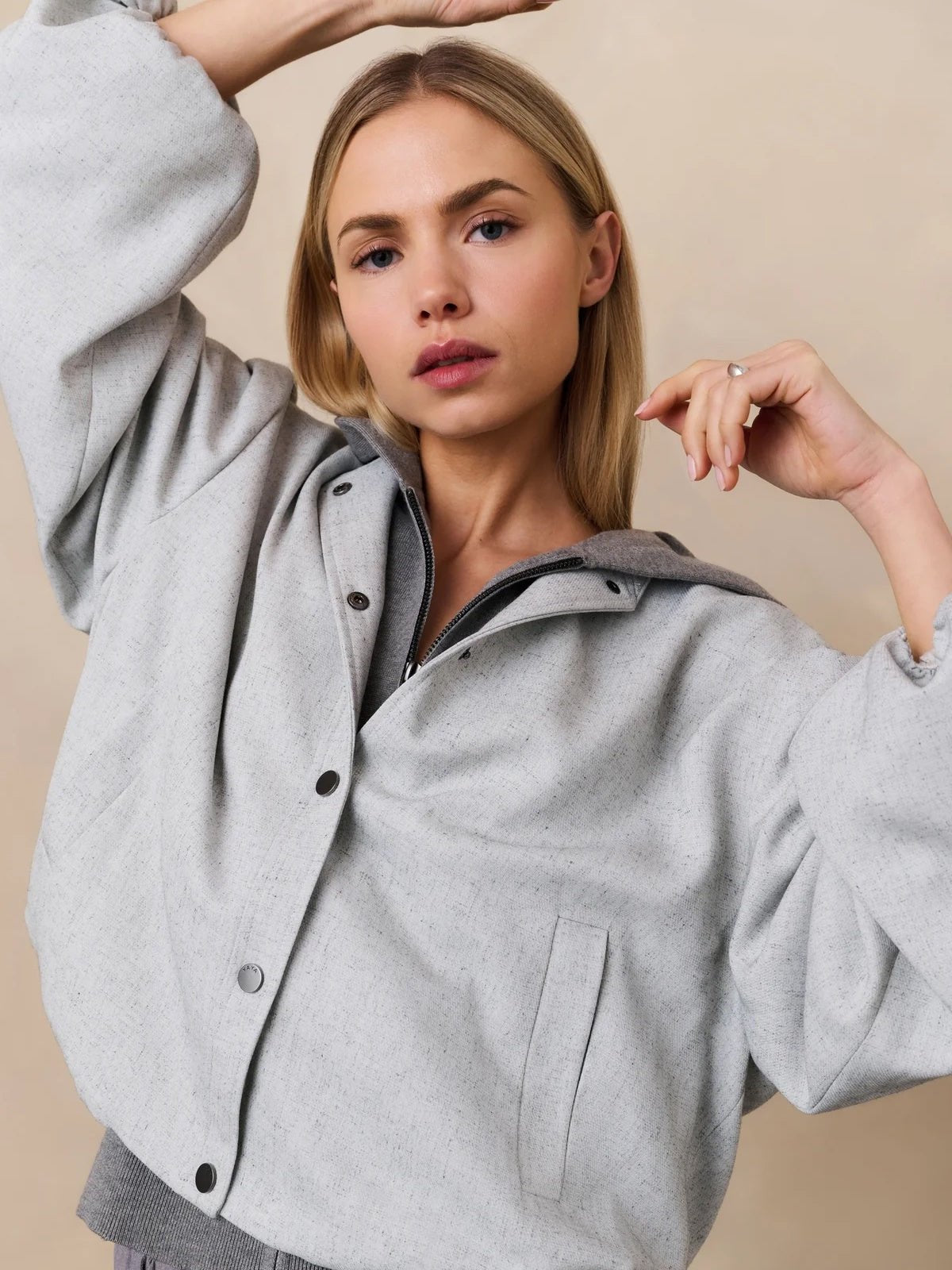 YAYA Jacket With Balloon Shape And Snap Buttons Grey - Glebe Fashion