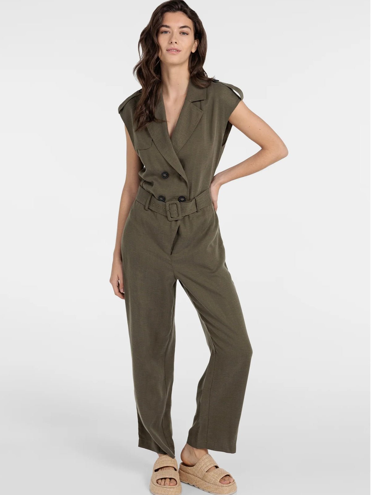 Yaya Linen Blend Jumpsuit With Belted Waist Khaki - Glebe Fashion