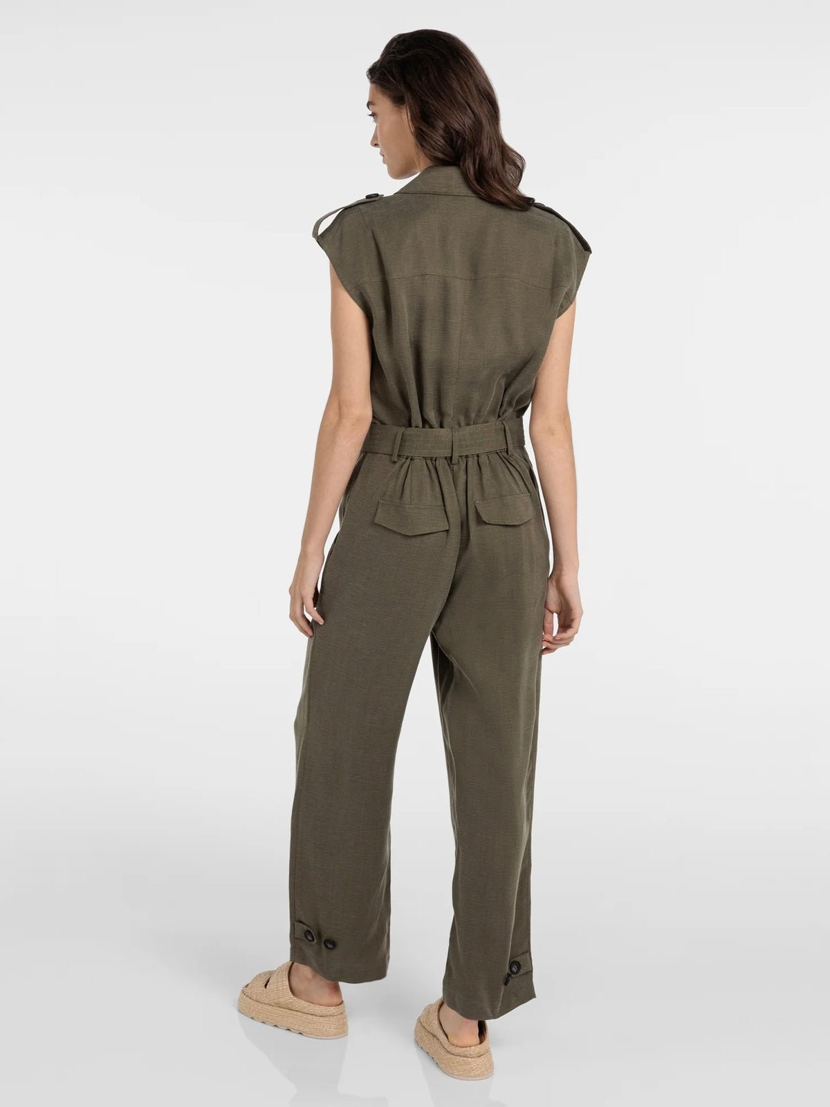 Yaya Linen Blend Jumpsuit With Belted Waist Khaki - Glebe Fashion