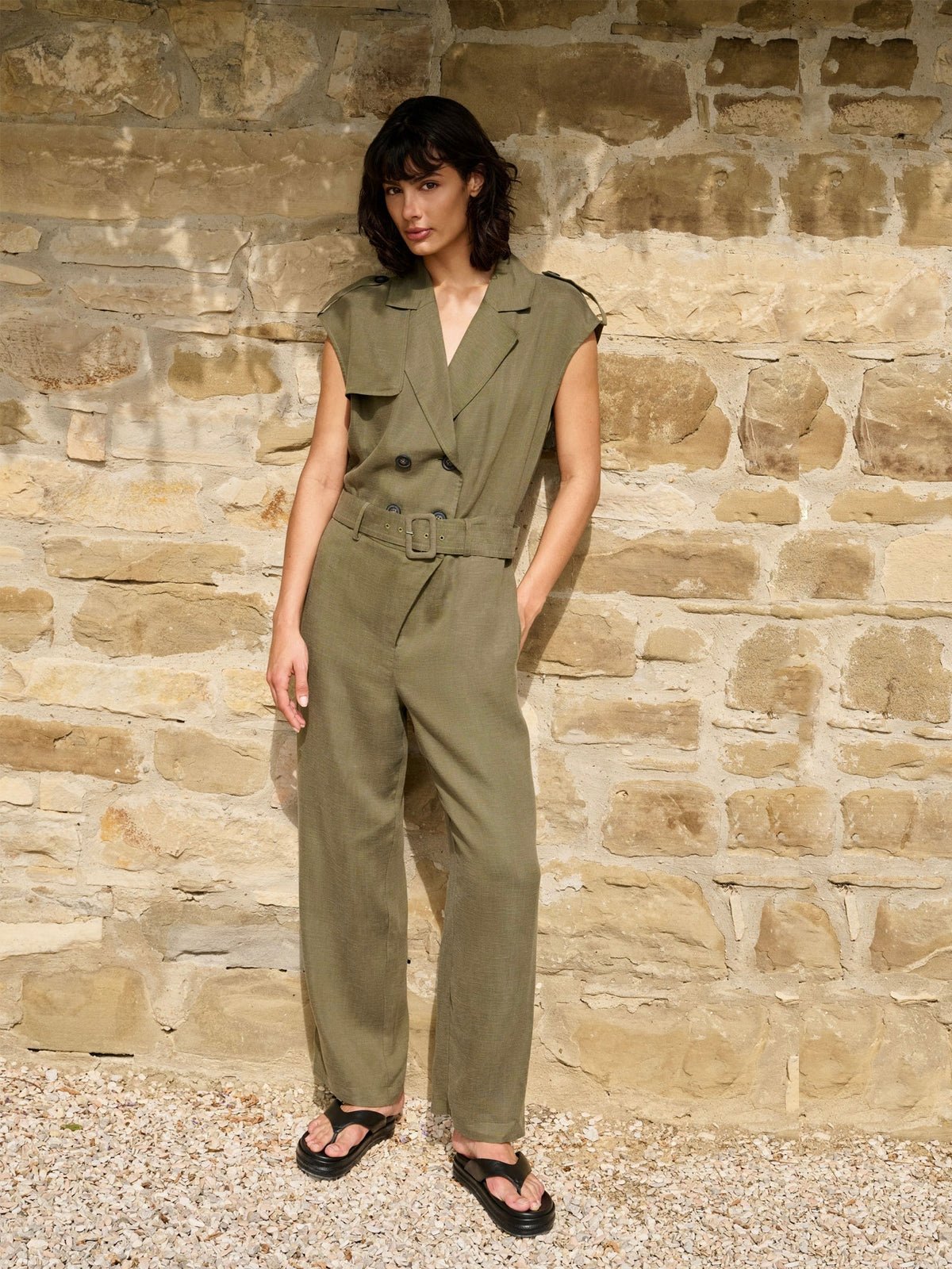 Yaya Linen Blend Jumpsuit With Belted Waist Khaki - Glebe Fashion