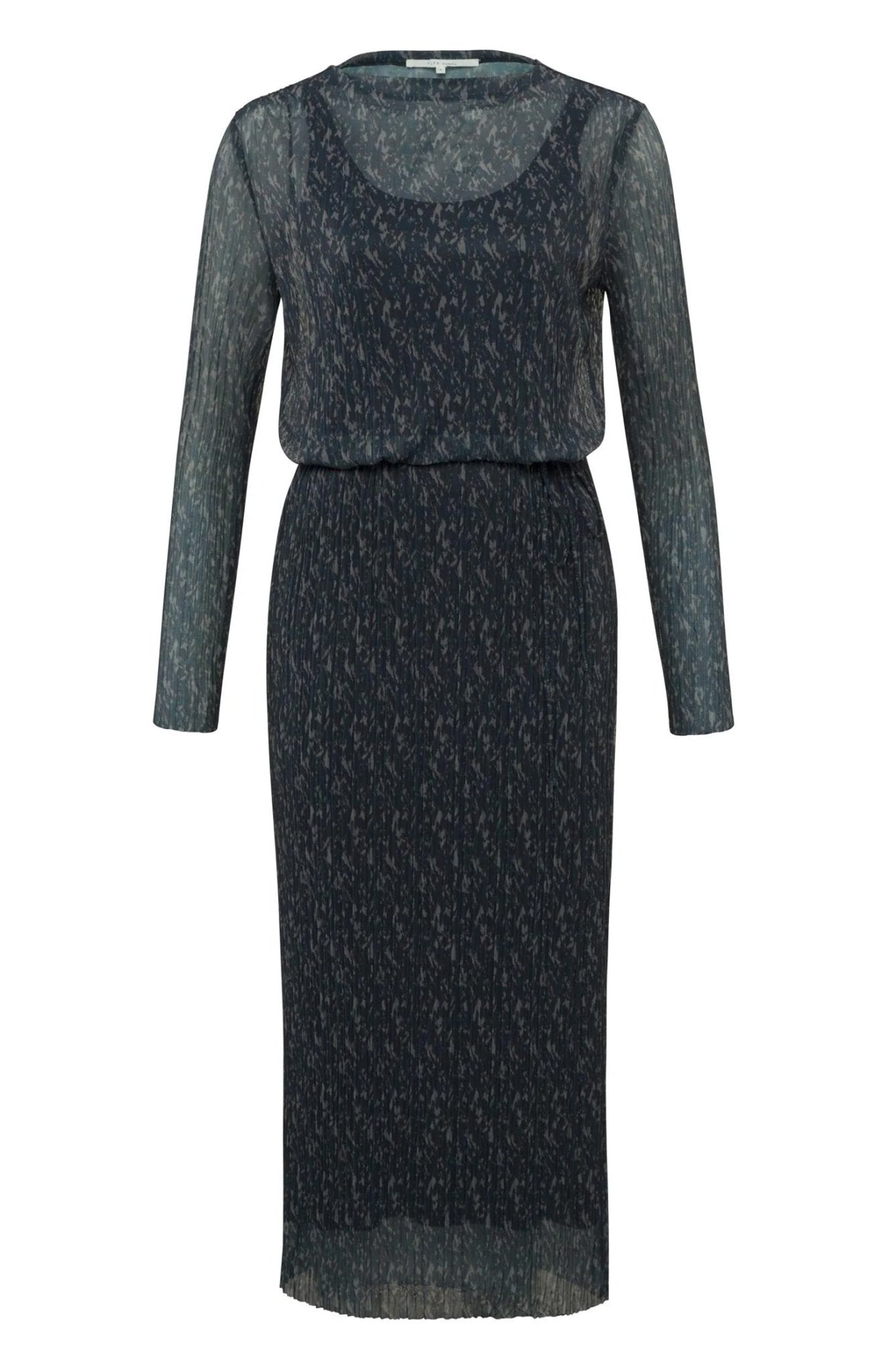 YAYA Long Sleeve Mesh Dress With Boatneck Blueberry - Glebe Fashion