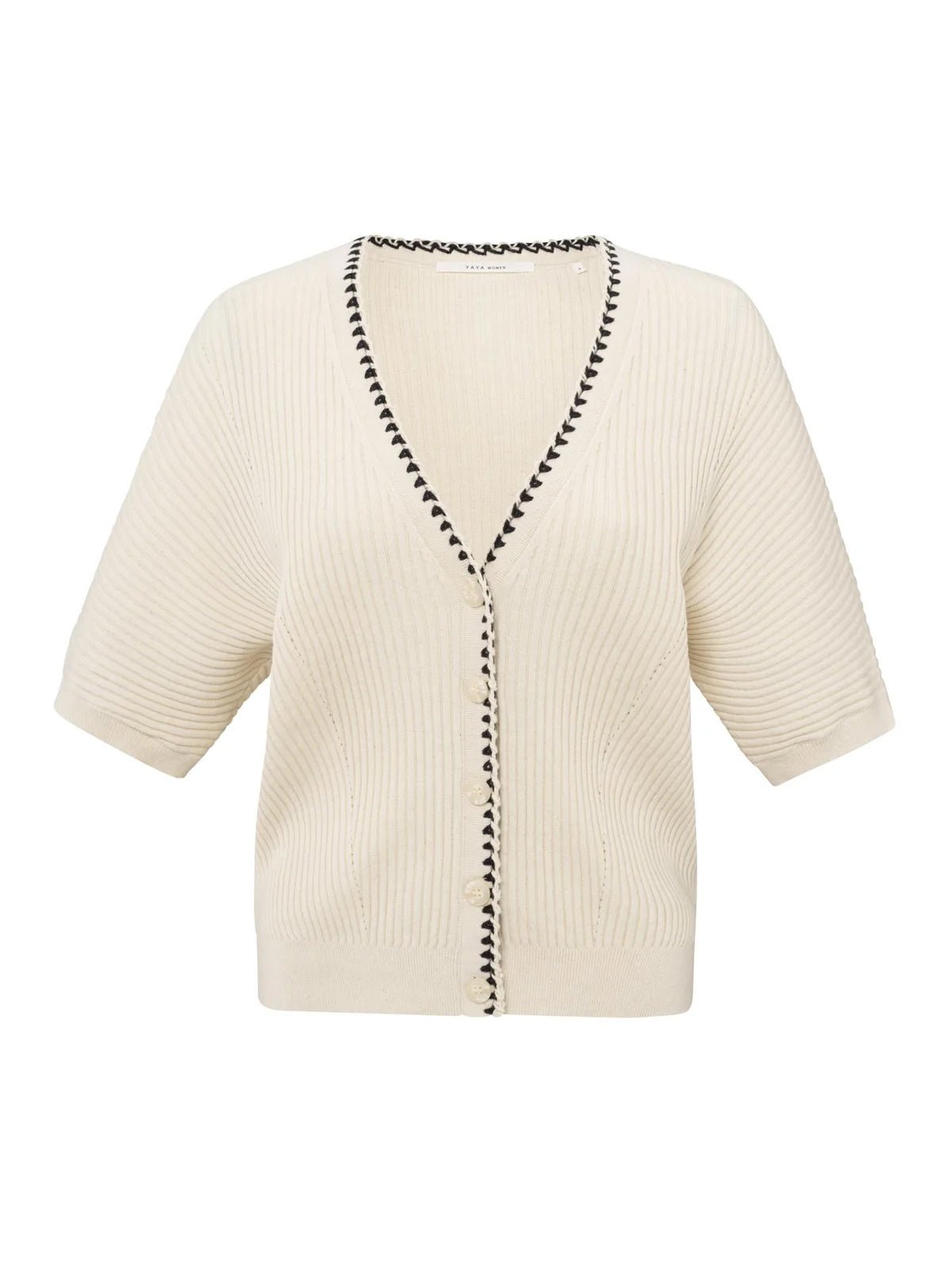 Yaya Ribbed Cardigan With Stitch Detail And Short Sleeves - Glebe Fashion