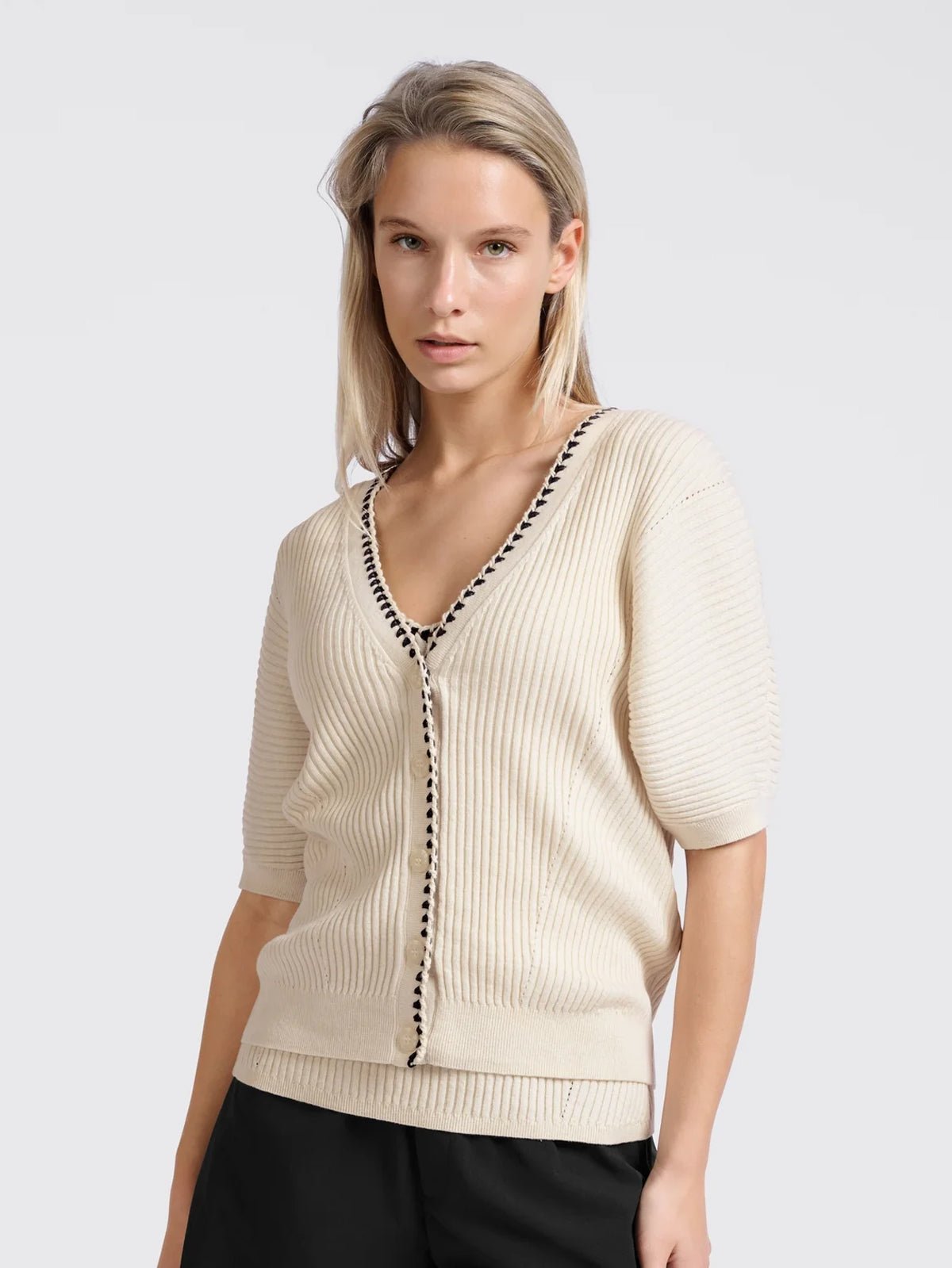 Yaya Ribbed Cardigan With Stitch Detail And Short Sleeves - Glebe Fashion