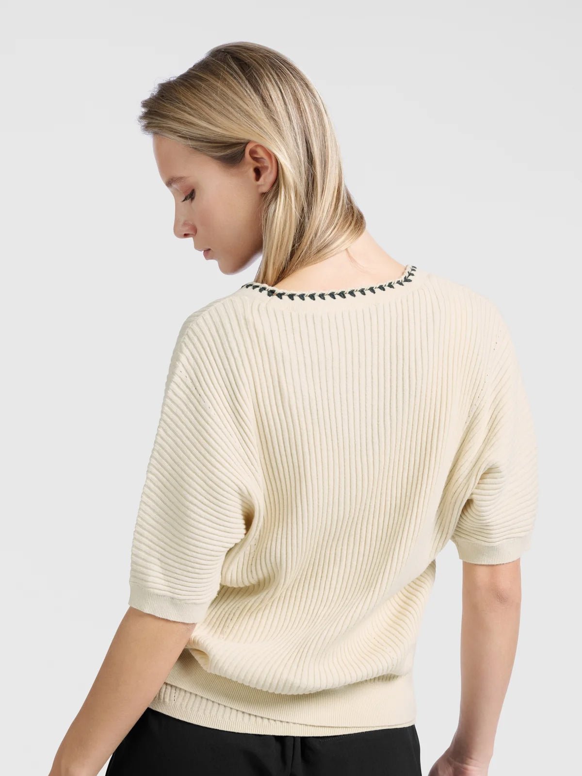 Yaya Ribbed Cardigan With Stitch Detail And Short Sleeves - Glebe Fashion