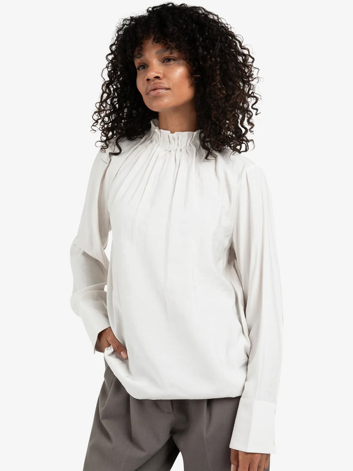YAYA Ruffled High Neck Top White - Glebe Fashion
