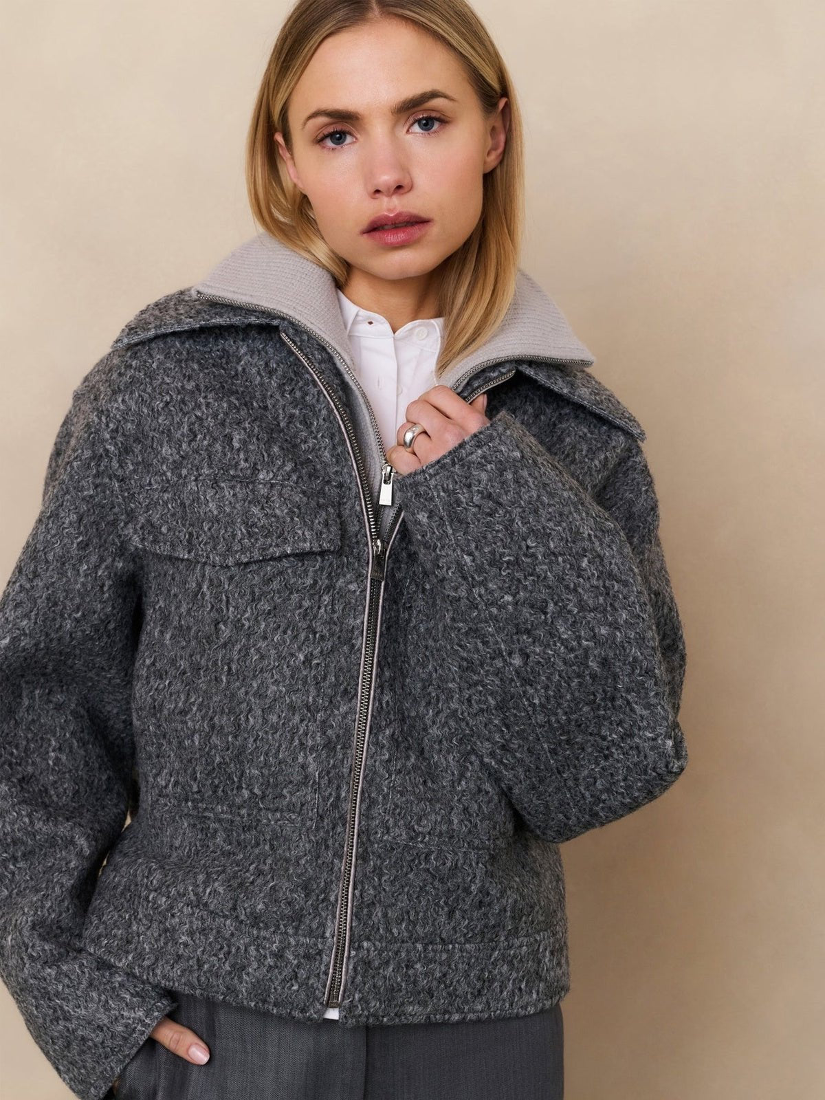 YAYA Short Boucle Jacket Light Grey - Glebe Fashion