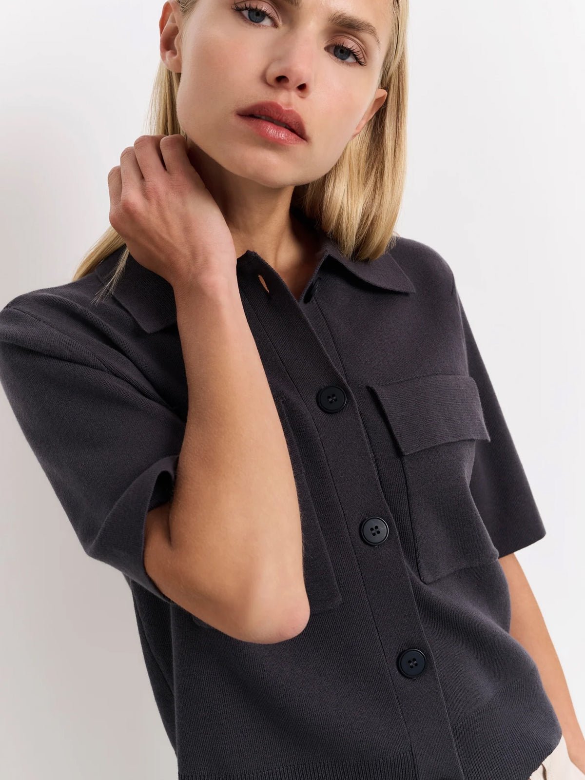 YAYA Short Sleeve Cardigan With Chest Pockets Phantom Grey - Glebe Fashion