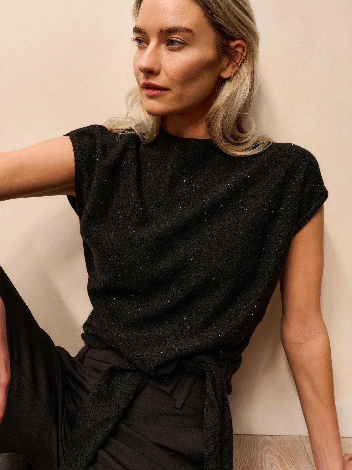 YAYA Sleeveless Sequin Sweater With Knot Detail Black - Glebe Fashion