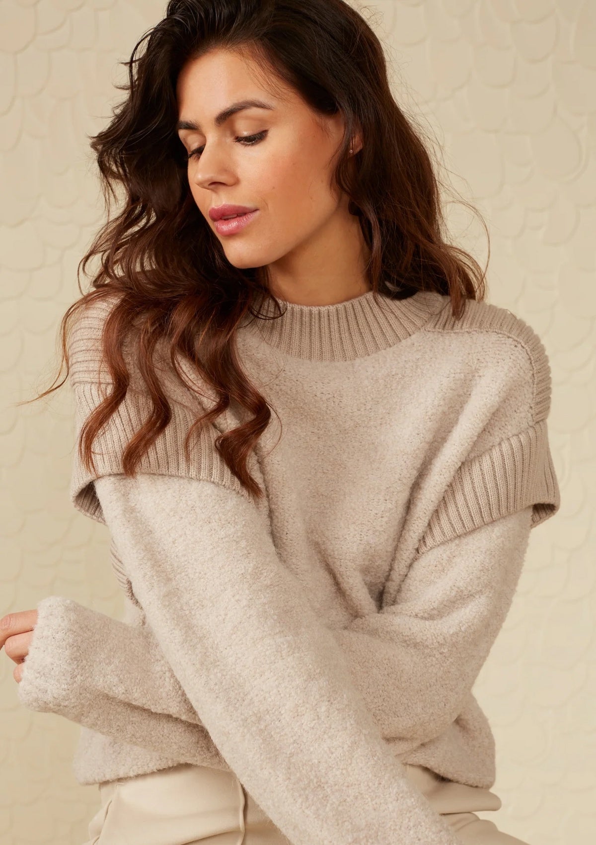 YAYA Boucle Sweater With Round Neck And Long Sleeves Beige