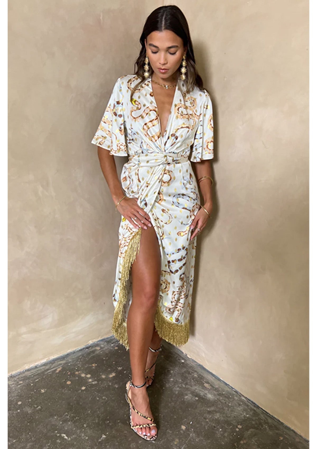 Never Fully Dressed Ivory Snake Ceryes Dress With Gold Foil