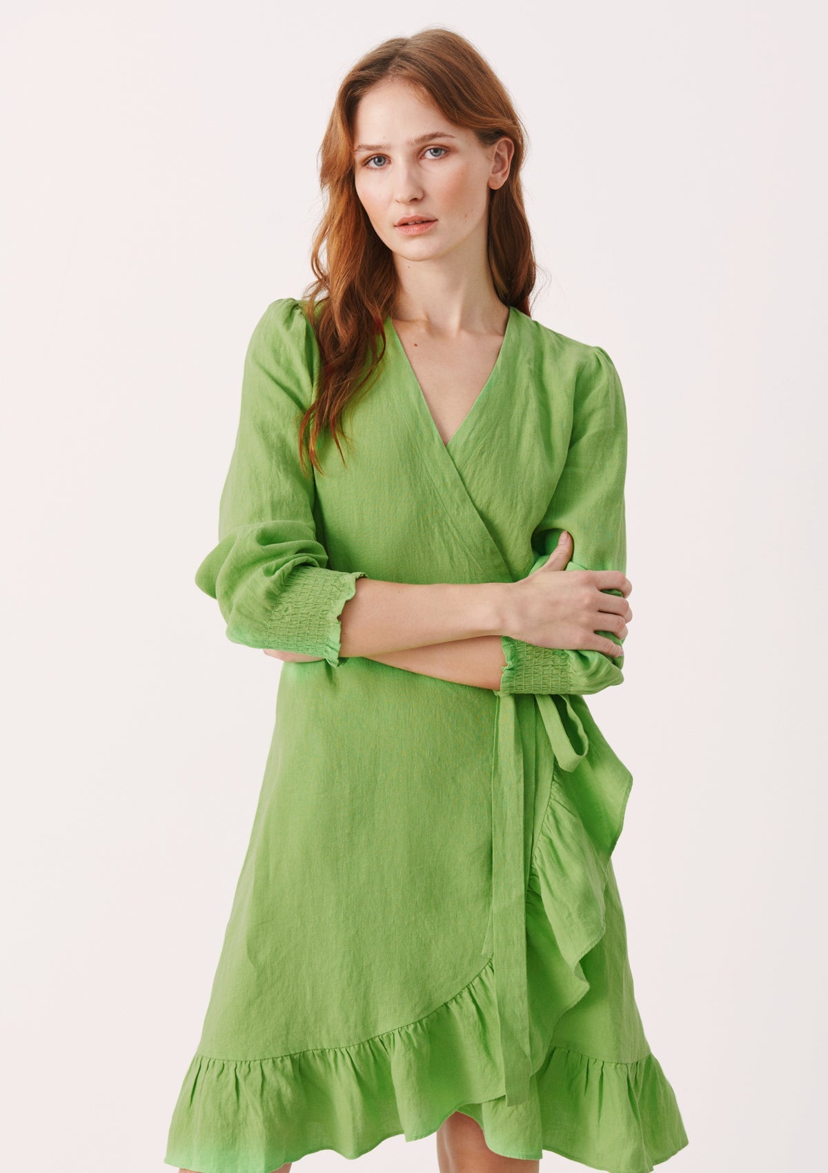 Part Two Sol Linen Wrap Dress Green - Glebe Fashion