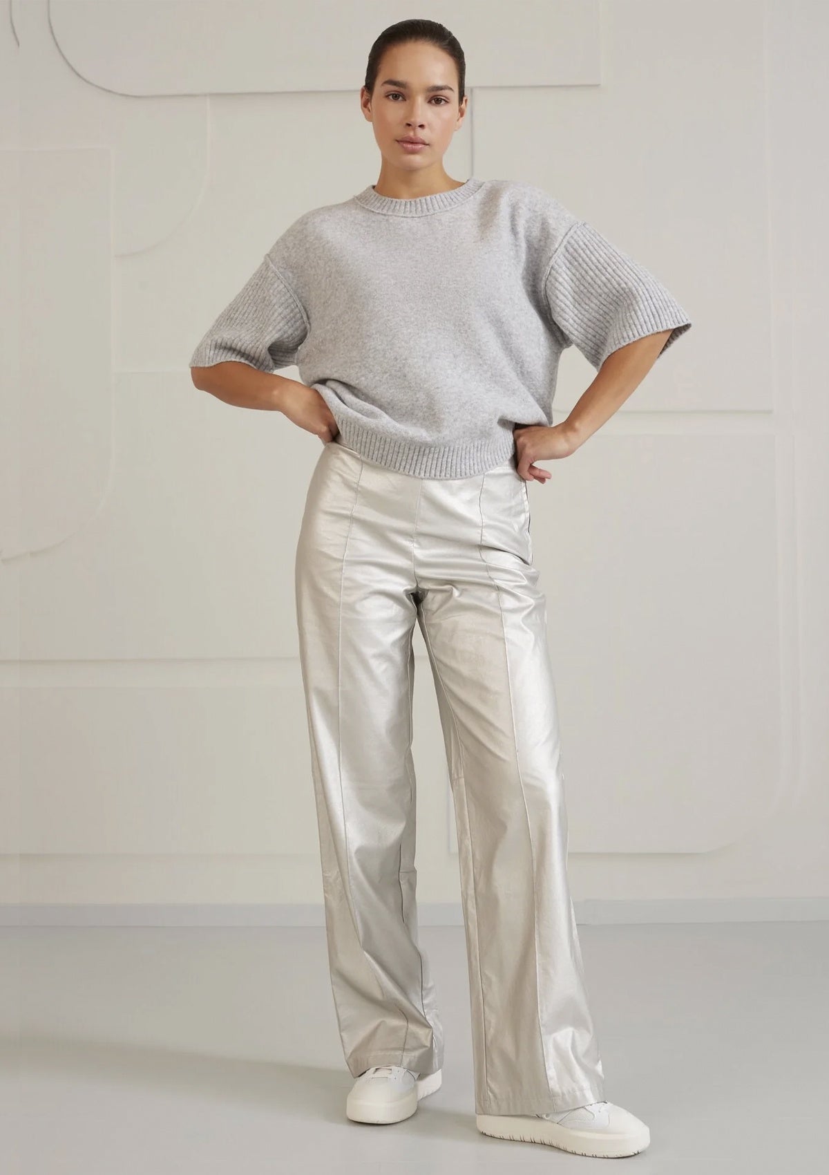 Yaya Metallic Faux Leather Trousers Silver - Glebe Fashion